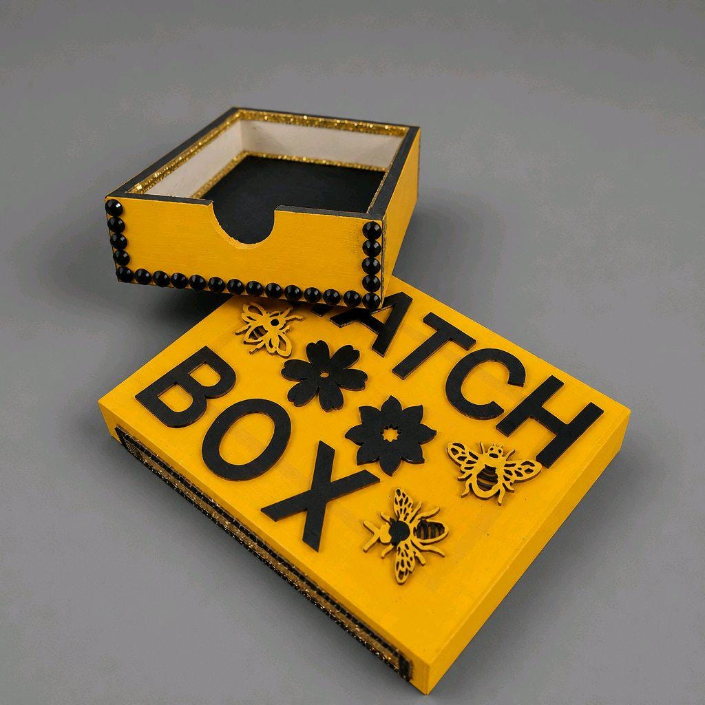 Handmade Wooden Matchbox Holder – Yellow & Black Bumblebee Rhinestone Decorative Sleeve Cover