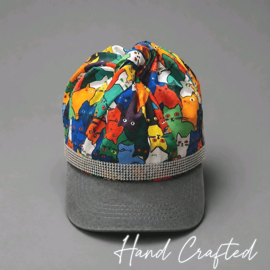 Brand New Style Cat Print Scarf Grey Denim Baseball Cap Colourful