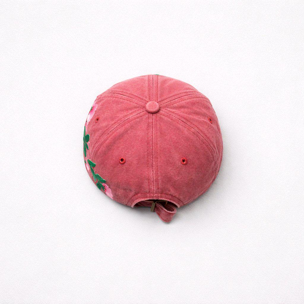 Butterfly & Cherry Blossom Embroidery Patch Cotton Denim Cap | Rhinestone Trim | Rose Berry