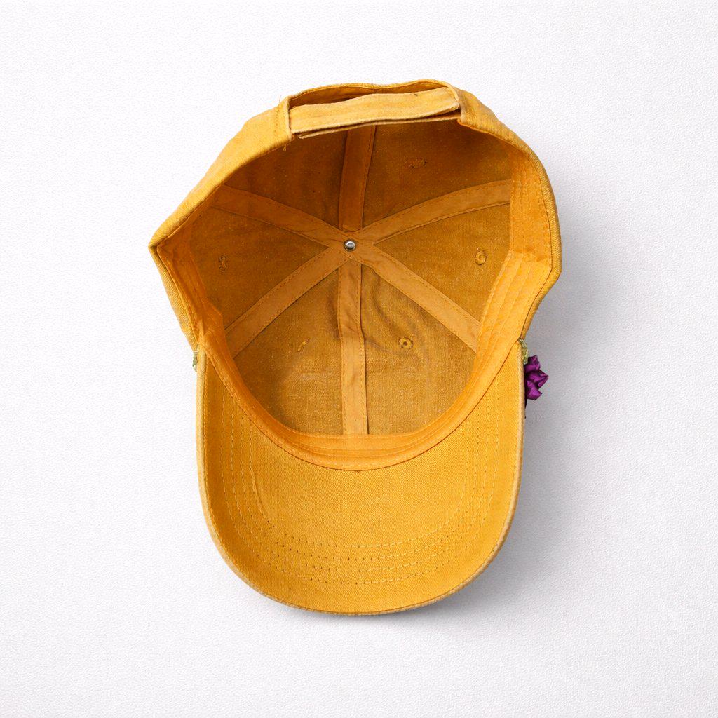 Handcrafted Monarch Butterfly Embroidery Patch Cap | Mustard Washed Cotton Denim | Purple Flower & Gold Rope Trim | Adjustable