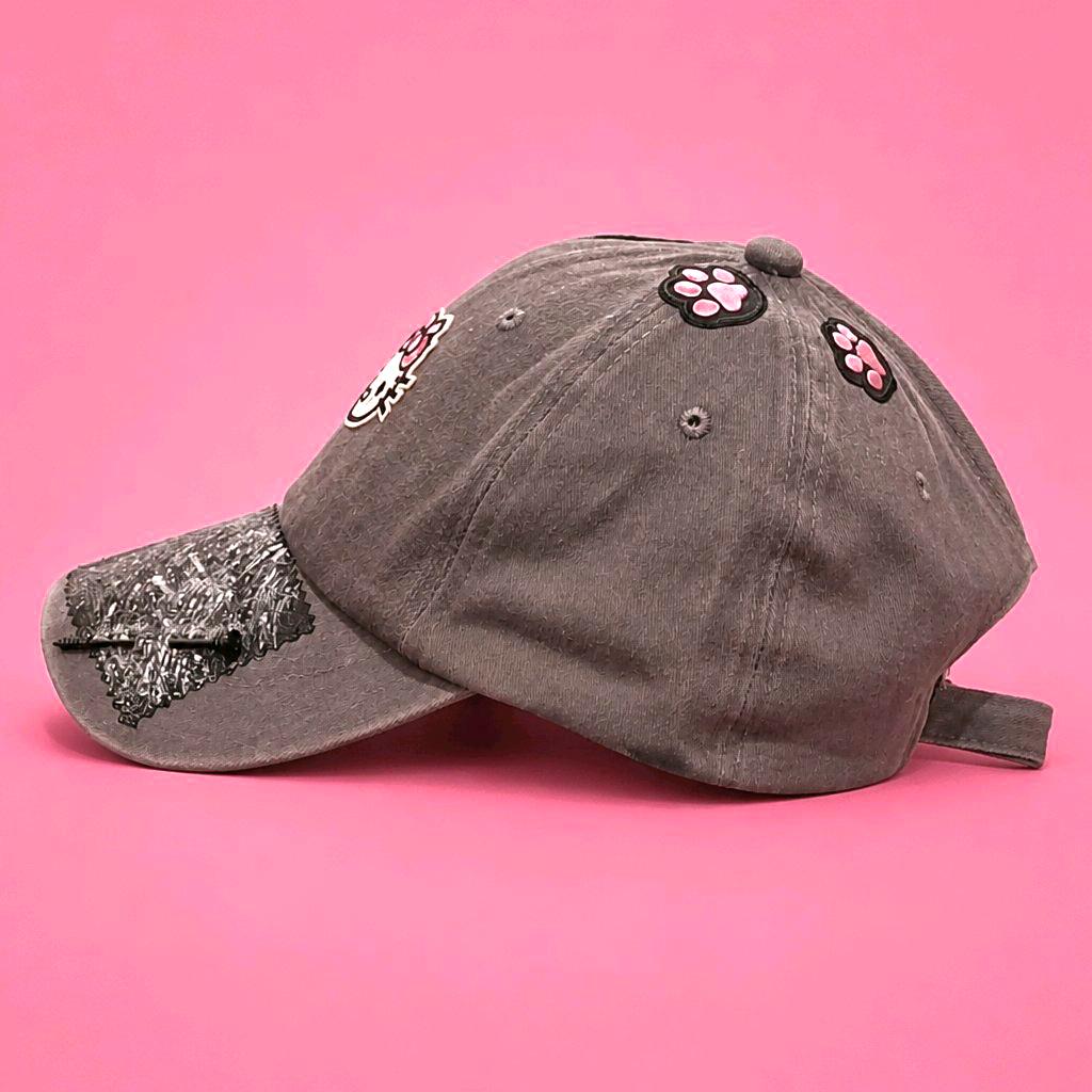 Hello Kitty Grey Distressed Denim Baseball Cap Cotton Chic Cap Retro Festival