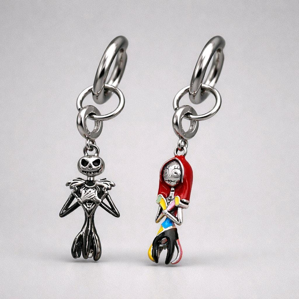 Spooky Couple Drop Hoop Earrings • Stamped S925 Silver Mismatched Dangle Earrings • Stainless Steel Clicker Hoops • Alternative Gothic Gift