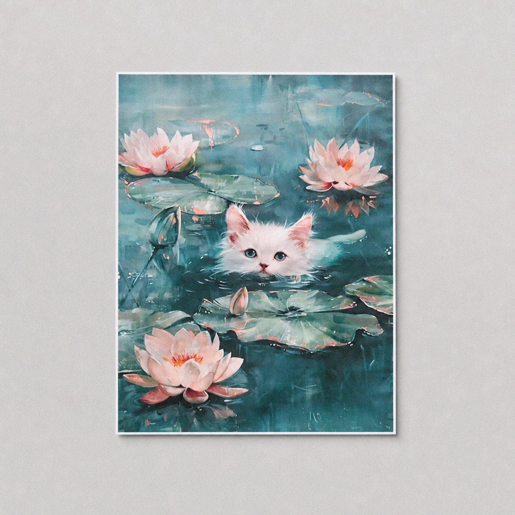 Modern Canvas Prints 16x12, Whimsical Cat Art, Surreal Floral Portrait, Motivational Lion Quote, Cute Kitten Water Lily, Unframed Wall Decor