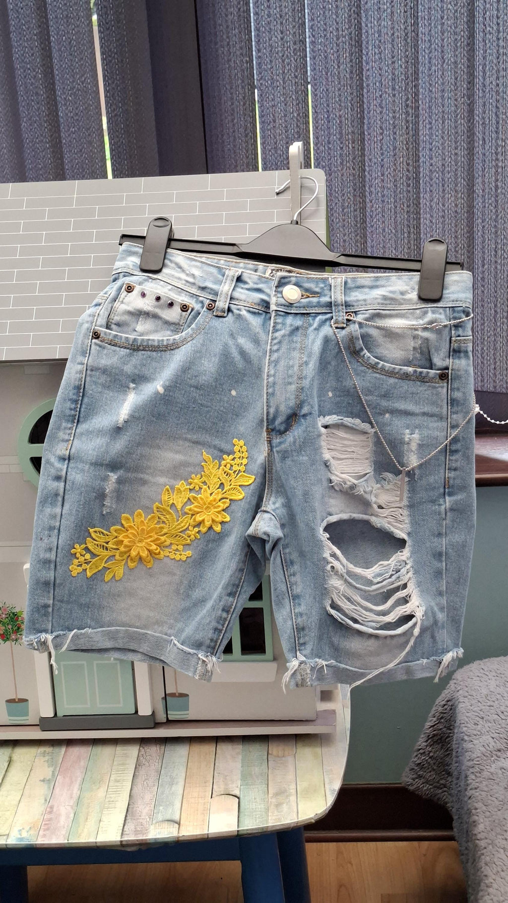 Women's Handcrafted Ripped Denim Shorts | Size 10 | Stainless Steel Embellishments | Retro Alt Style