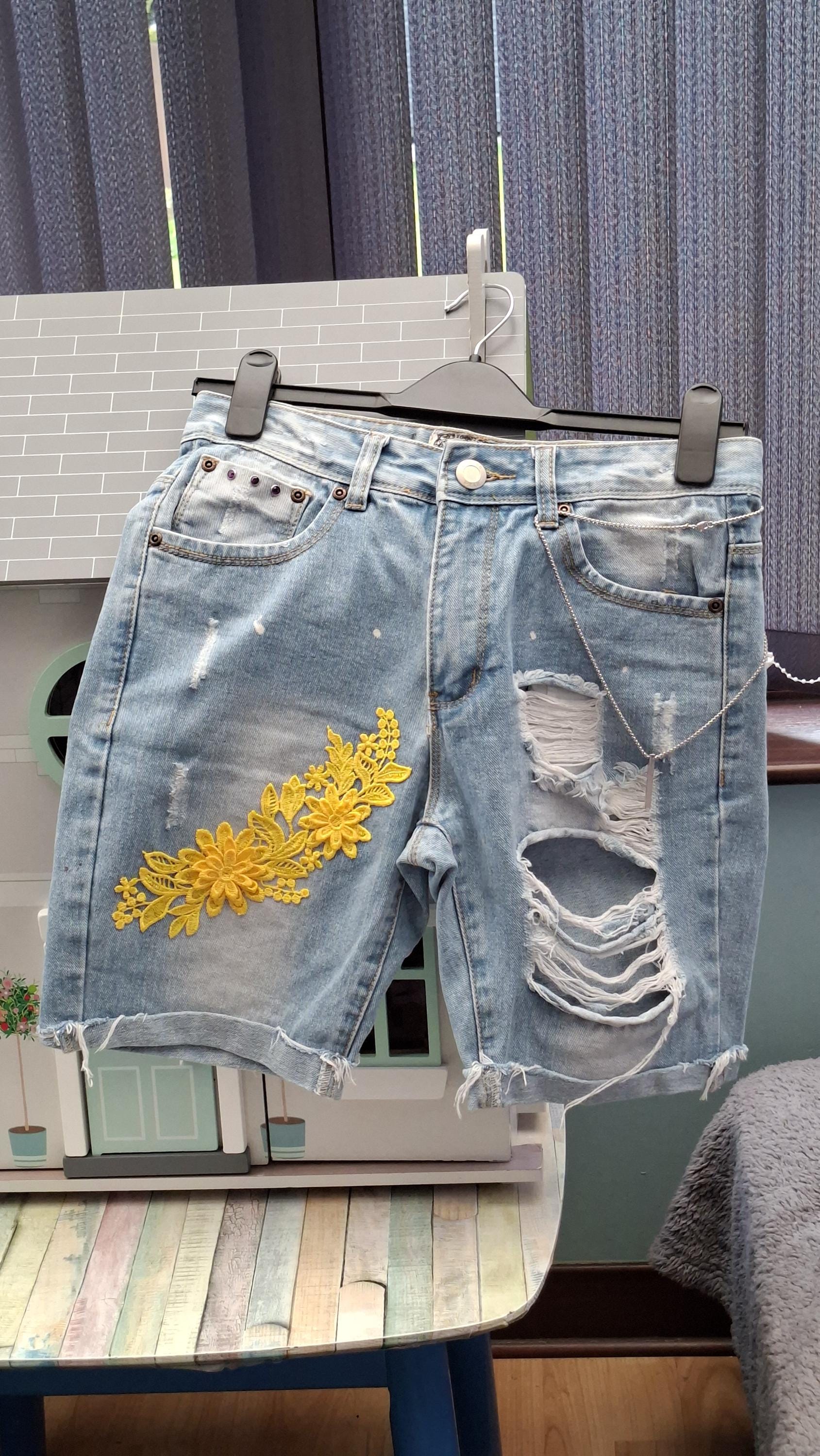 Women's Handcrafted Ripped Denim Shorts | Size 10 | Stainless Steel Embellishments | Retro Alt Style