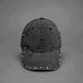 Gothic Studded Baseball Cap, Pierced Distressed Denim Hat, Alt Cyber Y2K Grunge Festival, Piercing & Skull Charm Washed Cotton