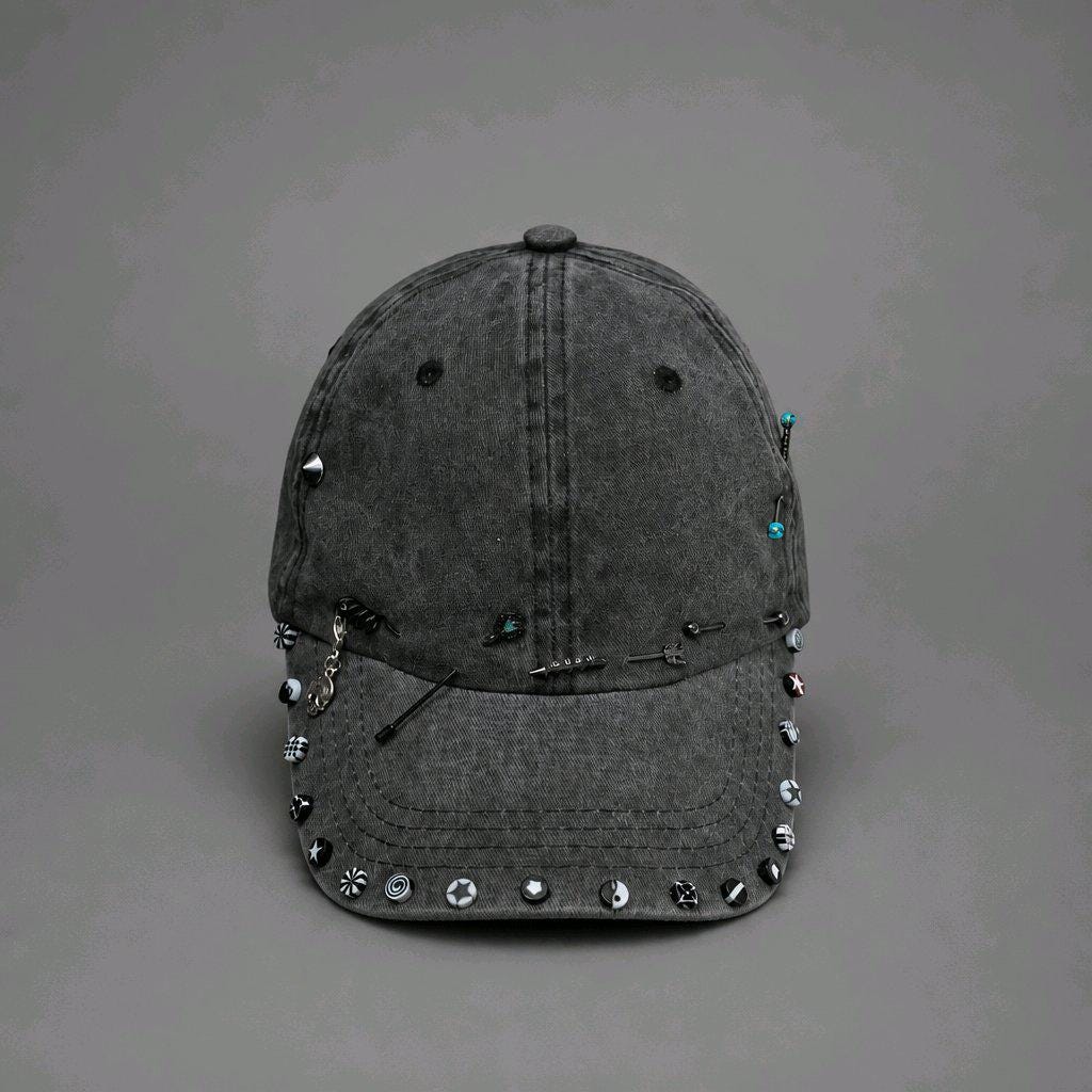 Gothic Studded Baseball Cap, Pierced Distressed Denim Hat, Alt Cyber Y2K Grunge Festival, Piercing & Skull Charm Washed Cotton