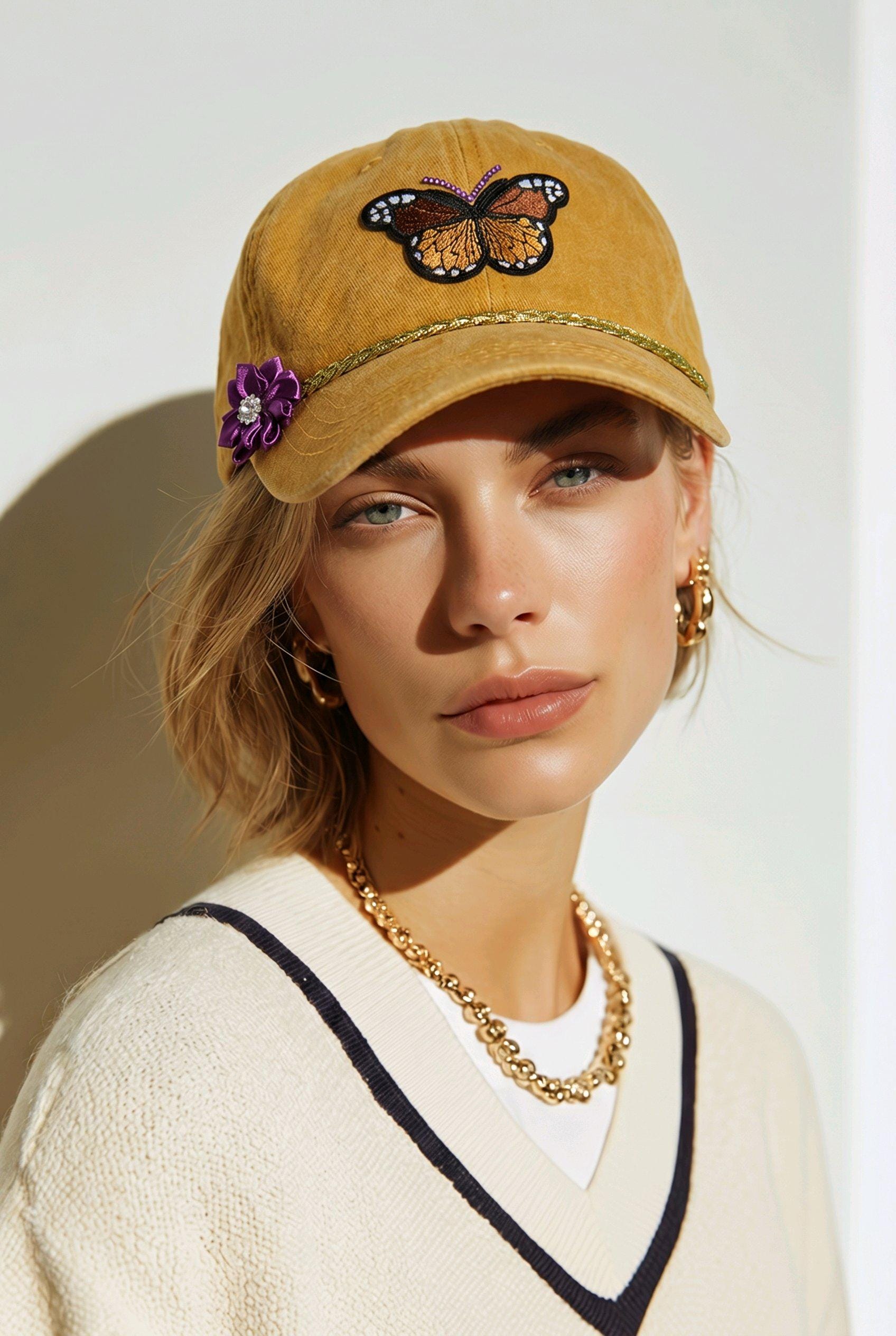 Handcrafted Monarch Butterfly Embroidery Patch Cap | Mustard Washed Cotton Denim | Purple Flower & Gold Rope Trim | Adjustable