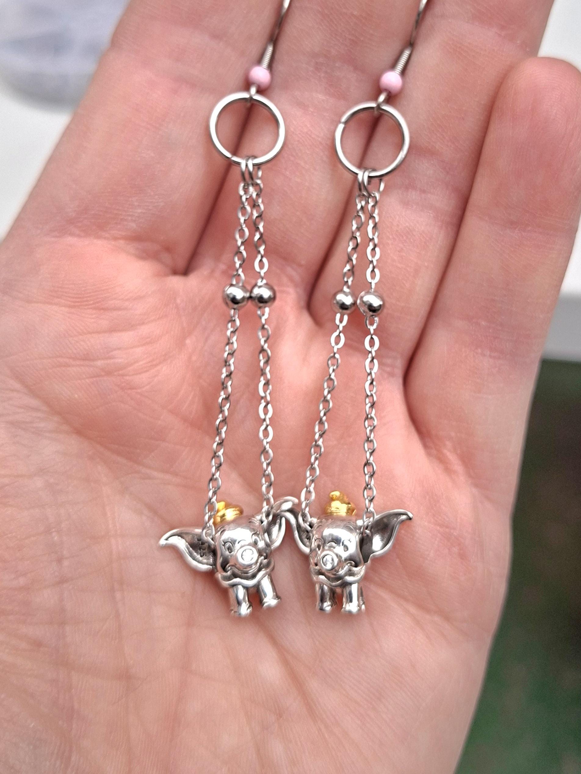 Handmade S925 Sterling Silver Elephant Charm Drop Earrings | Long Stainless Steel Chain Dangle Earrings | Cute Animal Statement Jewellery