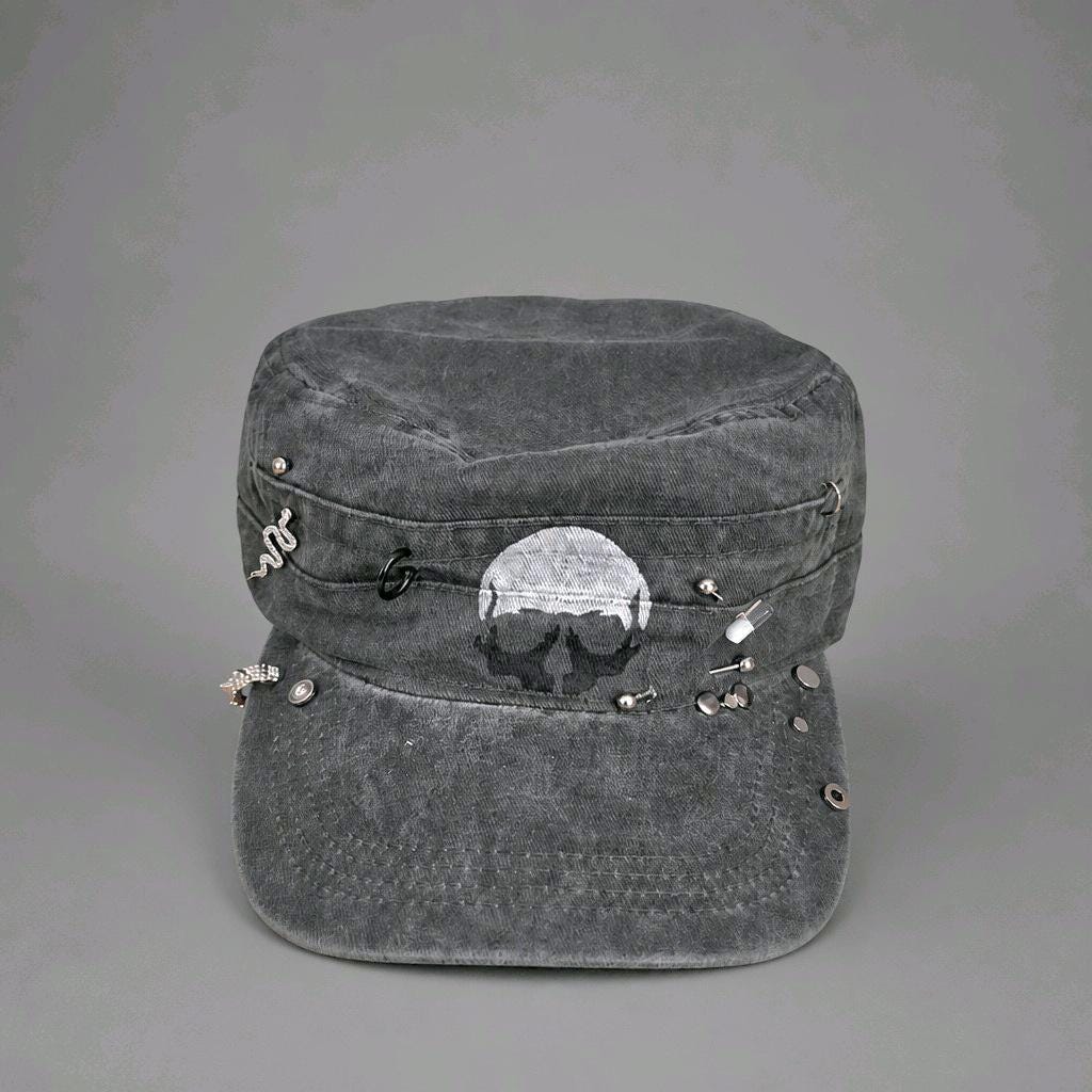 Hand Painted Skull Military Cap with Stainless Steel Embellishments