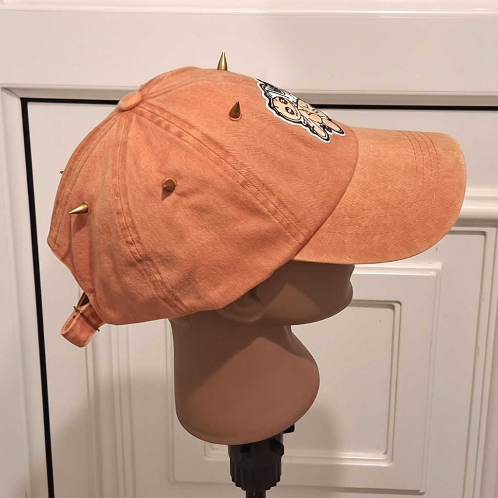 Back view of orange denim cap showing adjustable strap and gold spikes