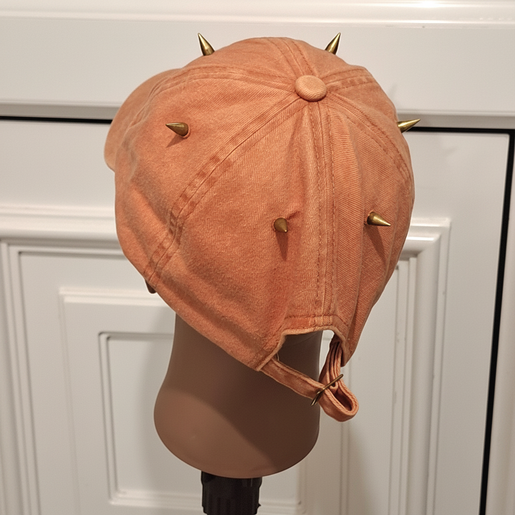 Close-up of Thinking of You voodoo doll patch on orange denim cap