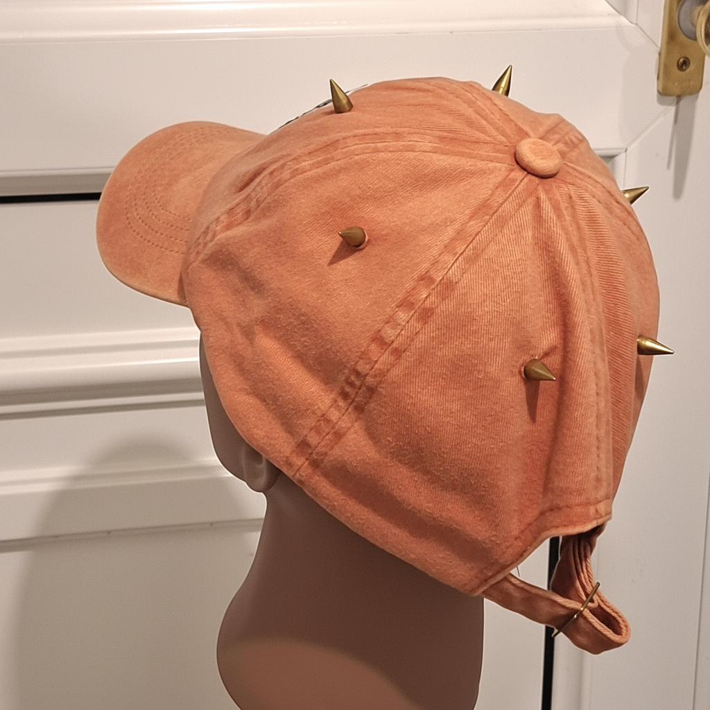Side view of orange denim cap with gold spikes and voodoo doll patch