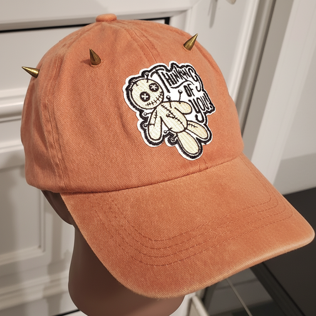 Front view of orange denim cap with gold spikes and voodoo doll patch